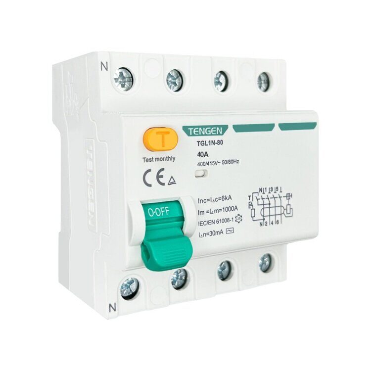 Устройство защитного отключения (УЗО) TENGEN  TGL1N-80, 4P, 40A, 6kA, 300mA, тип AC, 4M (TEN320045)