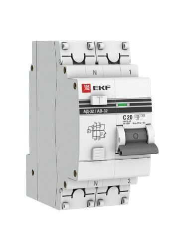 Дифф. автомат. выключатель EKF PROxima АД-32 1P+N 20A 30mA 4.5кА, хар. С, электронный, тип АС защита 270В (DA32-20-30 pro)