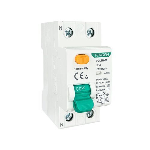 Устройство защитного отключения (УЗО) TENGEN  TGL1N-80, 2P, 63A, 6kA, 100mA, тип AC/S, 2M (TEN320134)