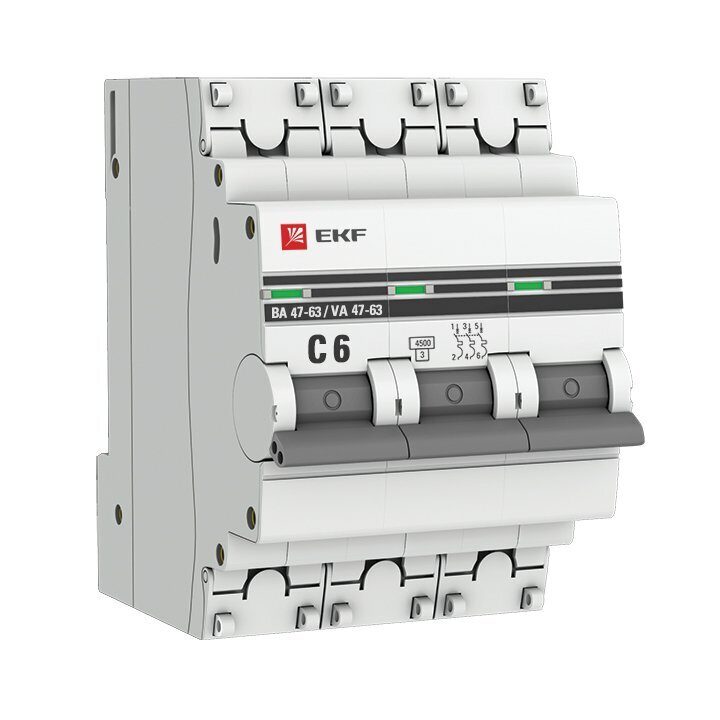 Автоматический выключатель EKF PROxima 3P 6А (C) 4,5kA ВА 47-63 (mcb4763-3-06C-pro)