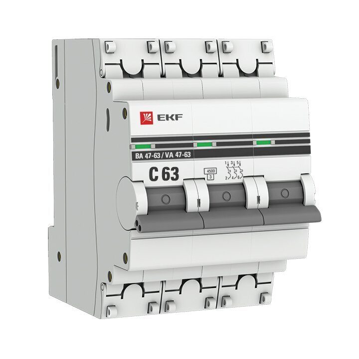 Автоматический выключатель EKF PROxima 3P 63А (C) 4,5kA ВА 47-63 (mcb4763-3-63C-pro)