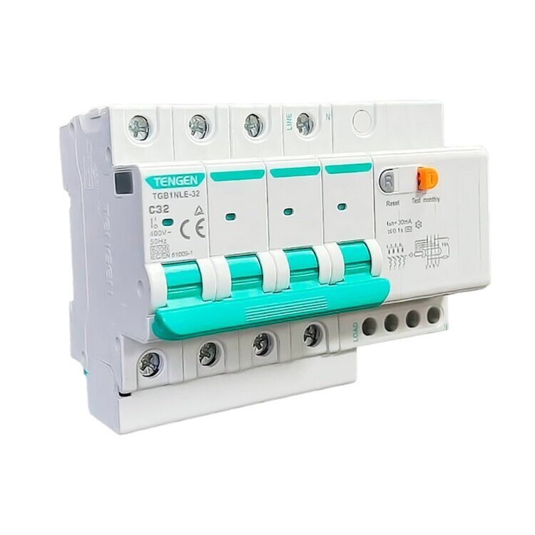Выключатель автоматический дифф. TENGEN TGB1NLE-32, 4P, 32A, хар-ка C, 6kA, 30mA, тип AC, 6.5M (TEN313415)